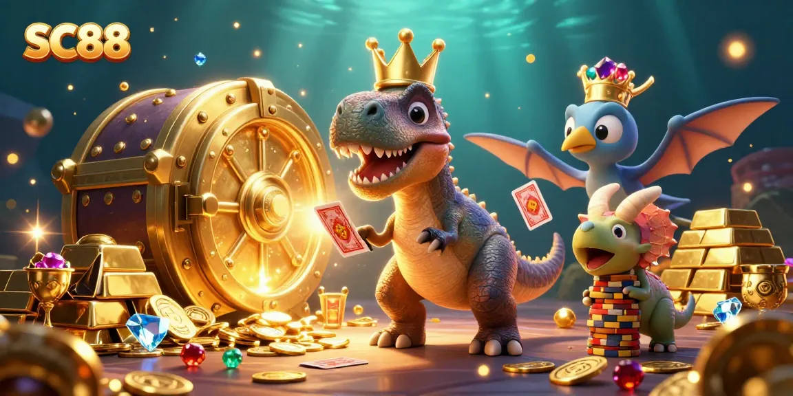 Experience the vibrant adventure with SC88 as a T-Rex shuffles cards and stacks chips in a lively casino setting.