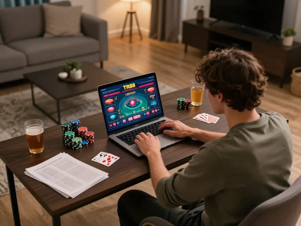Enjoying TR88 online casino from a cozy home setup with poker chips and strategy notes.