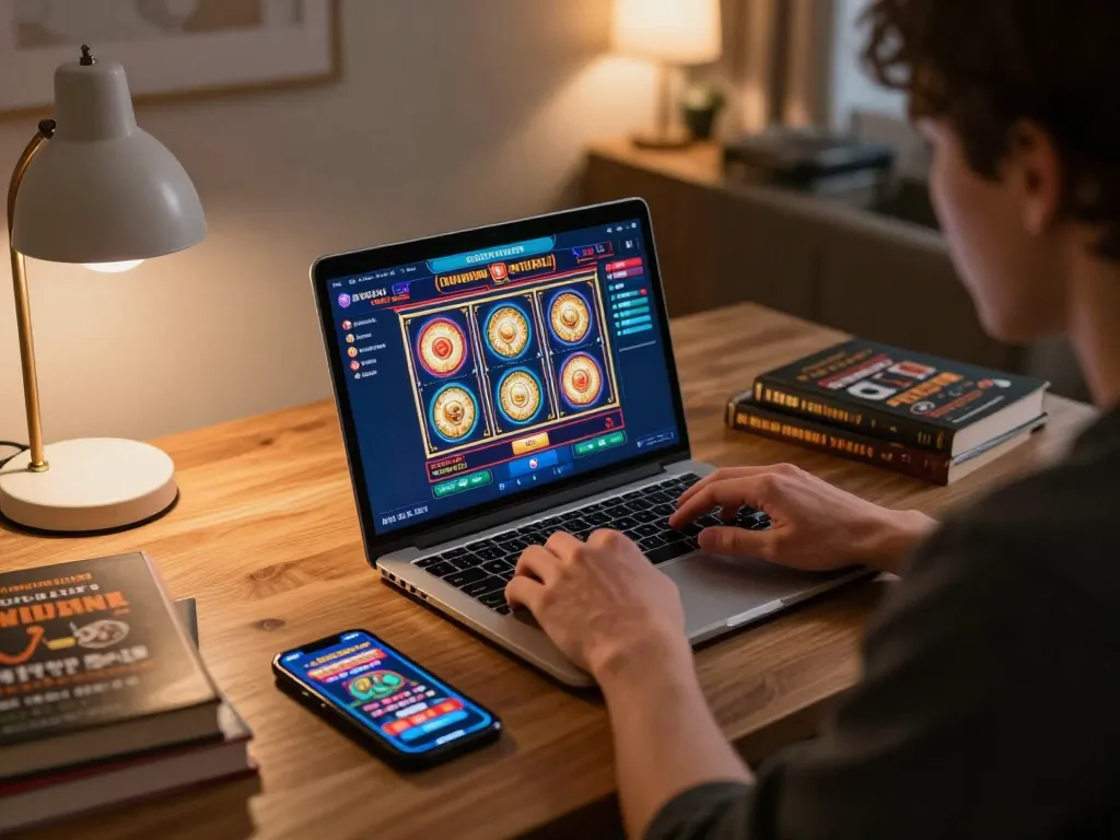 Engaged player at home using 58win to spin vibrant slot machines on a laptop.