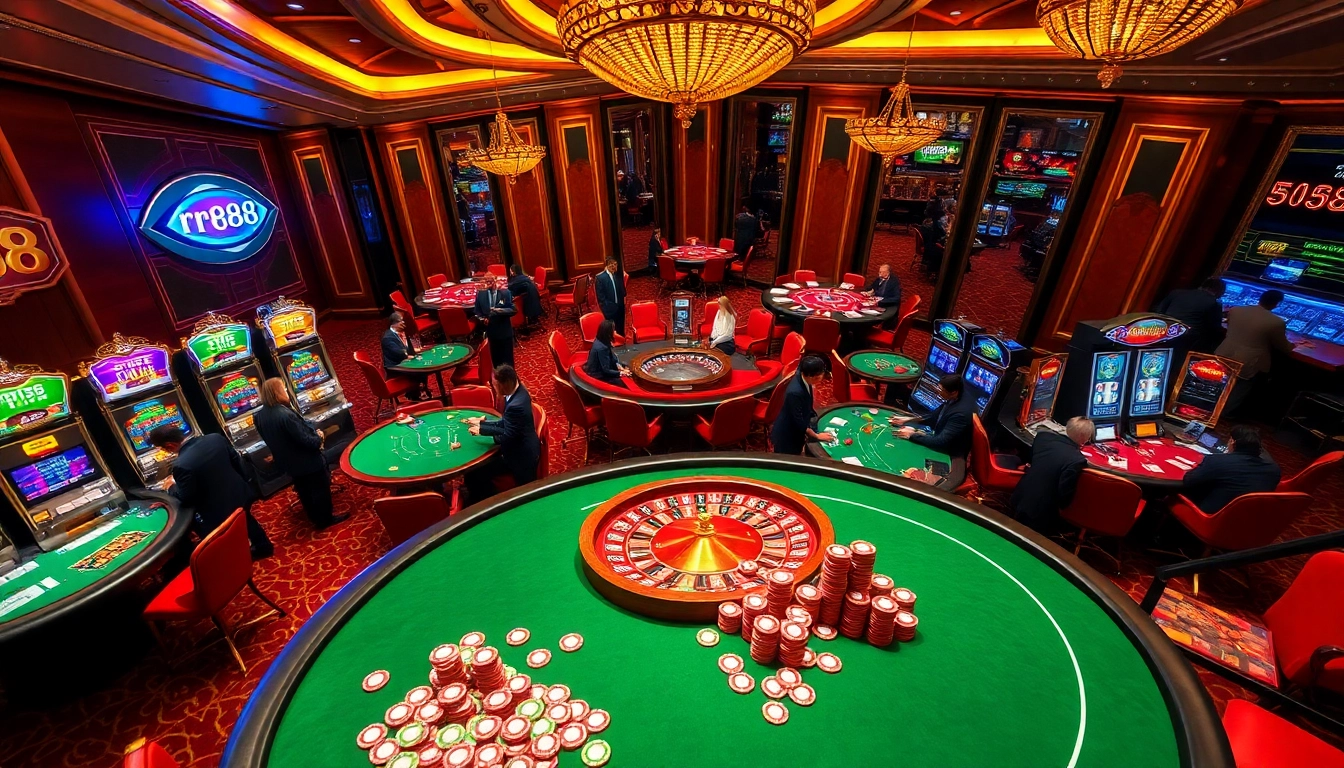 Players enjoying thrilling casino games at rr88, showcasing vibrant tables and slot machines.