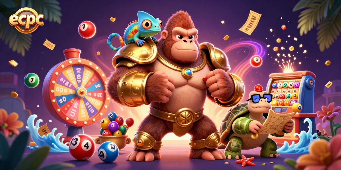Engage with ecpc's dynamic 3D illustration featuring a gorilla king, colorful lottery elements, and vibrant casino symbols.