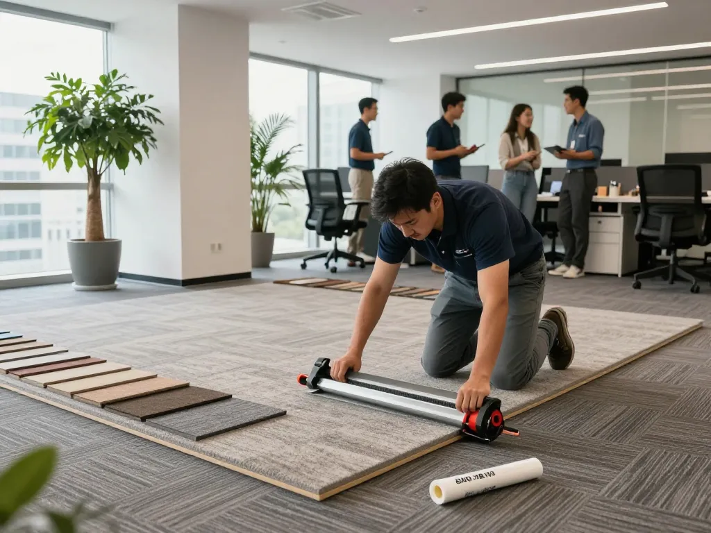 Commercial carpet installation expert laying quality tiles in corporate office.