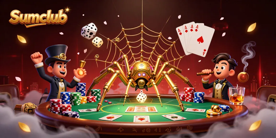 Sumclub captivates players with dynamic gambling elements, featuring a golden spider and poker action.
