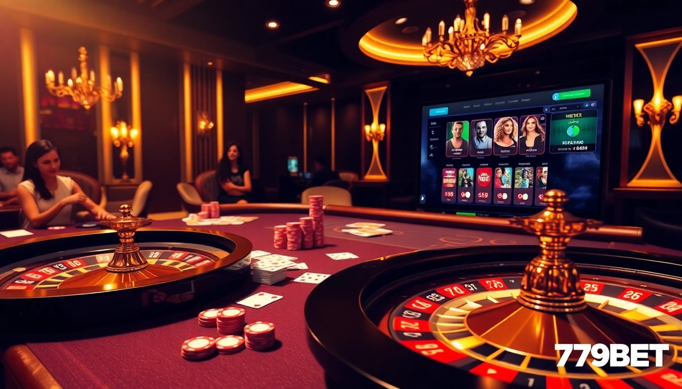 Exciting gaming at 789BET casino table with vibrant chips and cards in a luxurious setting.