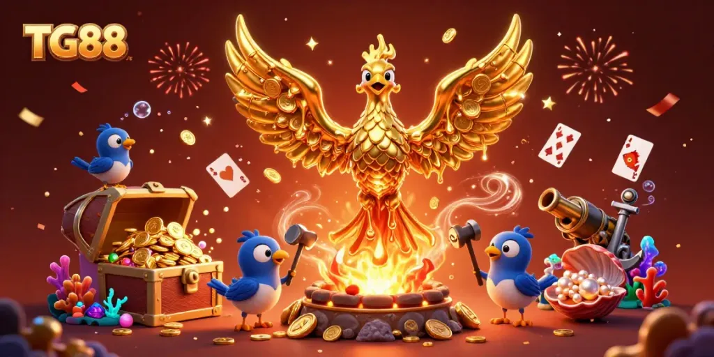 TG88 golden phoenix and sparrow assistants celebrate with casino elements in a vibrant 3D illustration.