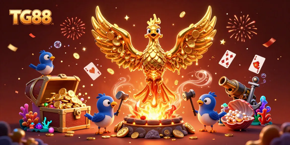 TG88 golden phoenix and sparrow assistants celebrate with casino elements in a vibrant 3D illustration.