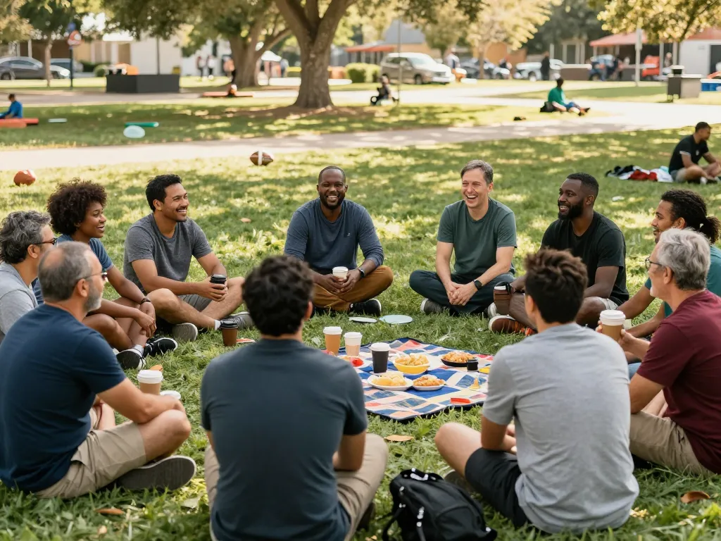 Men engaging in friendly conversation at a community manclub gathering in a park.