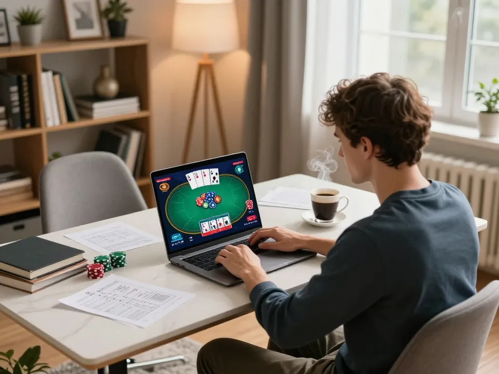 Engaging in online poker on fabet with strategic notes and warm home ambiance.