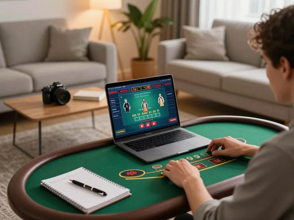 hm888 player engaged in online blackjack strategy at home, cozy and responsible gaming environment