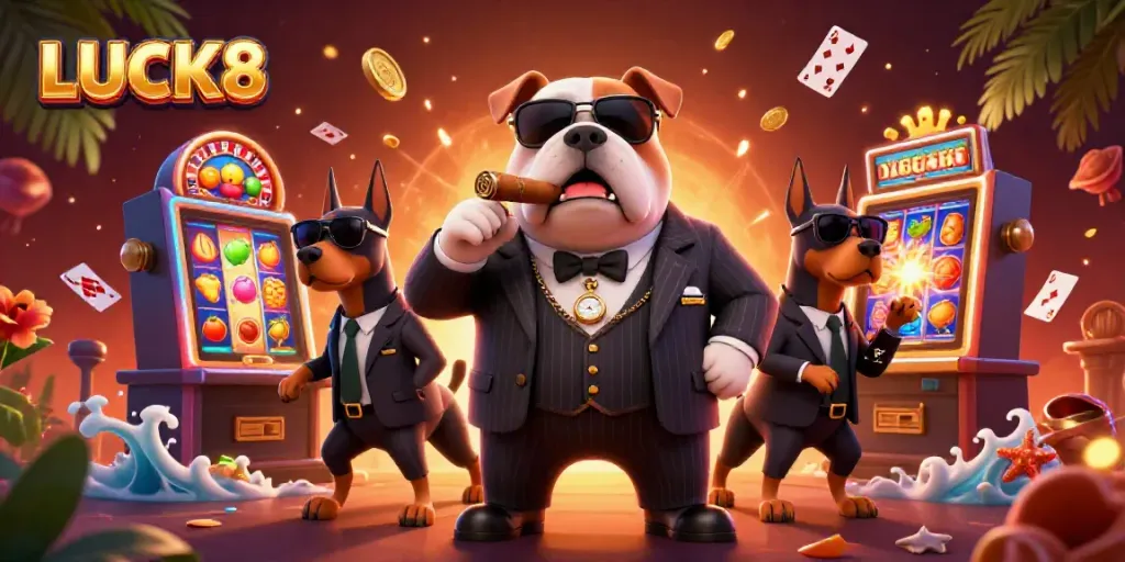 LUCK8 casino scene featuring a mafia bulldog boss and Doberman bodyguards amid slot machines and vibrant gaming elements.