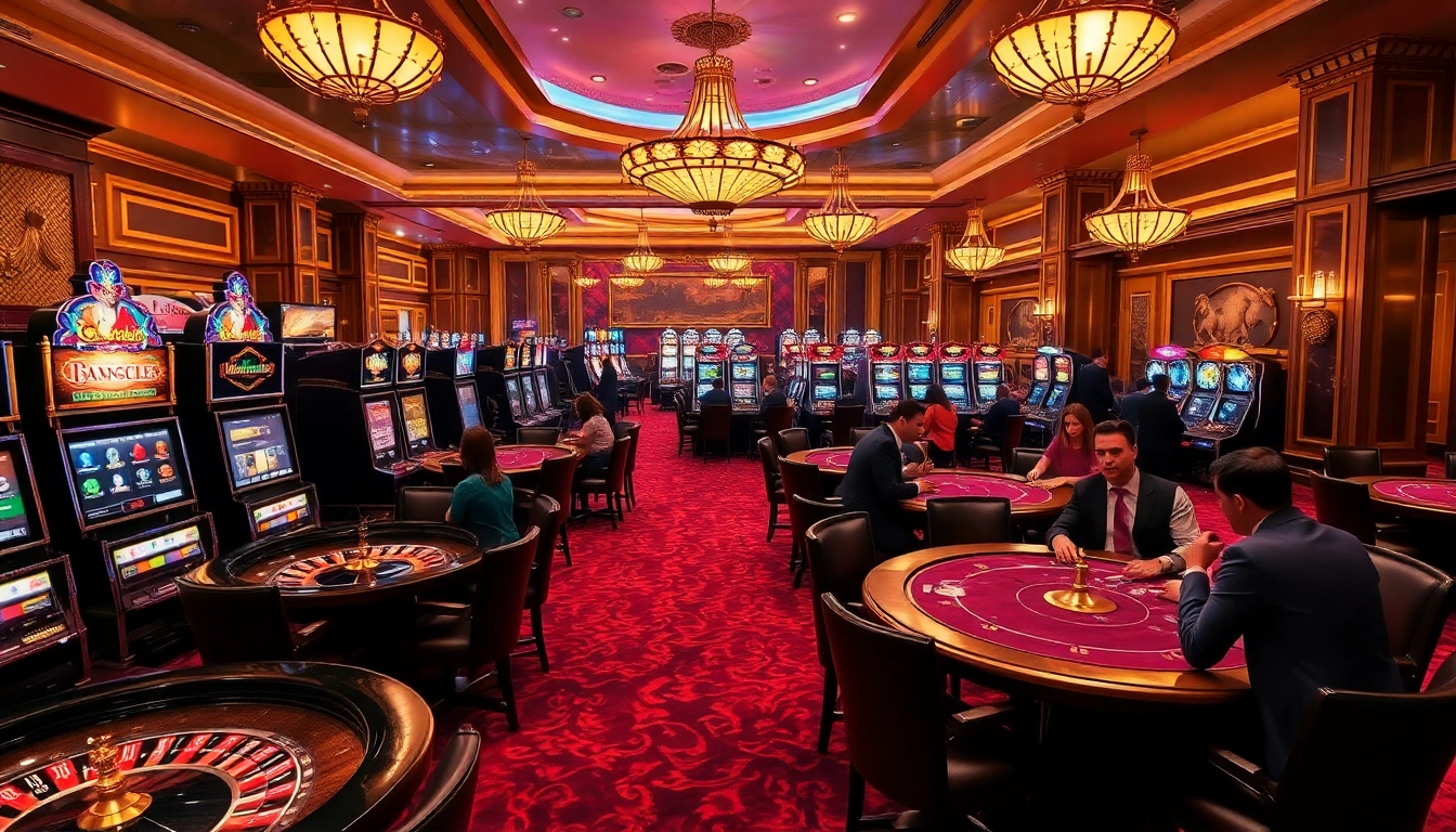 SUNCITY casino scene with vibrant slot machines and poker players in an elegant atmosphere