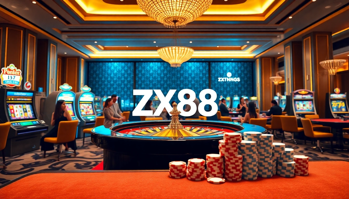 ZX88 players experiencing excitement at a luxurious casino table surrounded by vibrant slot machines.