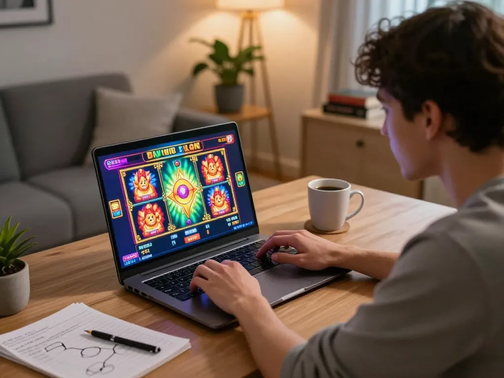 Player enjoying immersive slot games at home using Jun88 online gaming platform.