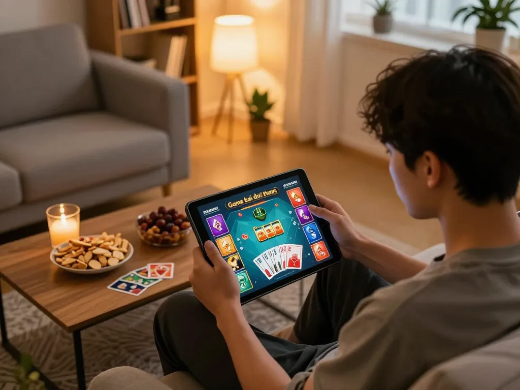 Engaging in Game bai doi thuong gameplay on tablet in a cozy home setup with ambient lighting.