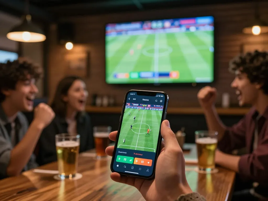 Person engaging with keobongda sports betting app during live football match excitement.