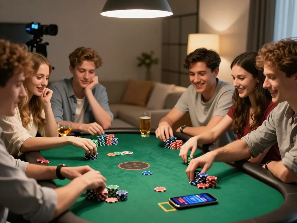 Friends enjoying a poker night while using the lv88 com app for live betting and strategies.