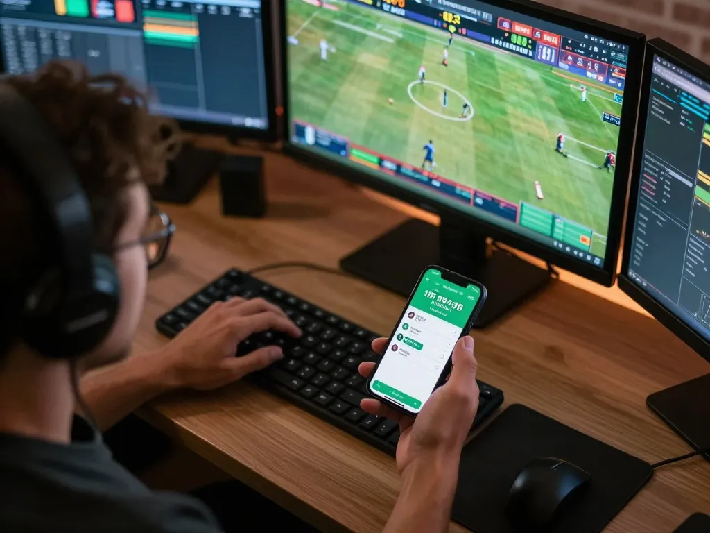 Person placing bets on the 99WIN sports betting app with live game stats visible