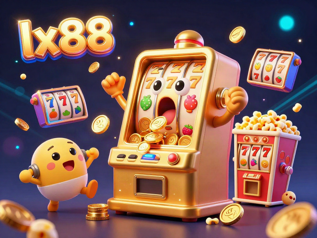Experience the excitement of lx88 with a dynamic scene featuring a golden slot machine hitting a jackpot.