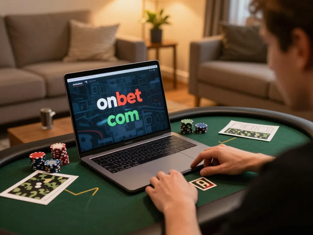 Engaged player strategizing poker gameplay on onbet. com from a cozy home setting, enhancing gaming experience.