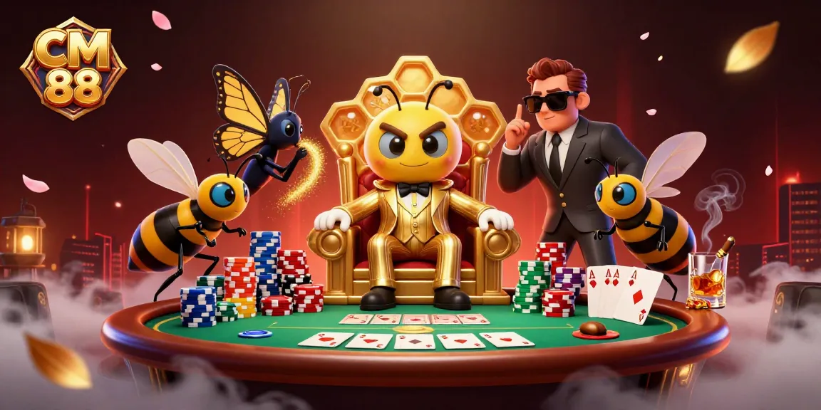 Experience CM 88 with a vibrant 3D casino scene featuring a whimsical bee mob boss and poker elements.
