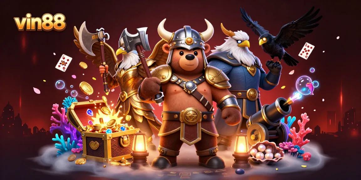Experience thrilling gameplay with vin88 featuring a Viking bear and Valkyrie eagle amidst treasure and playing cards.