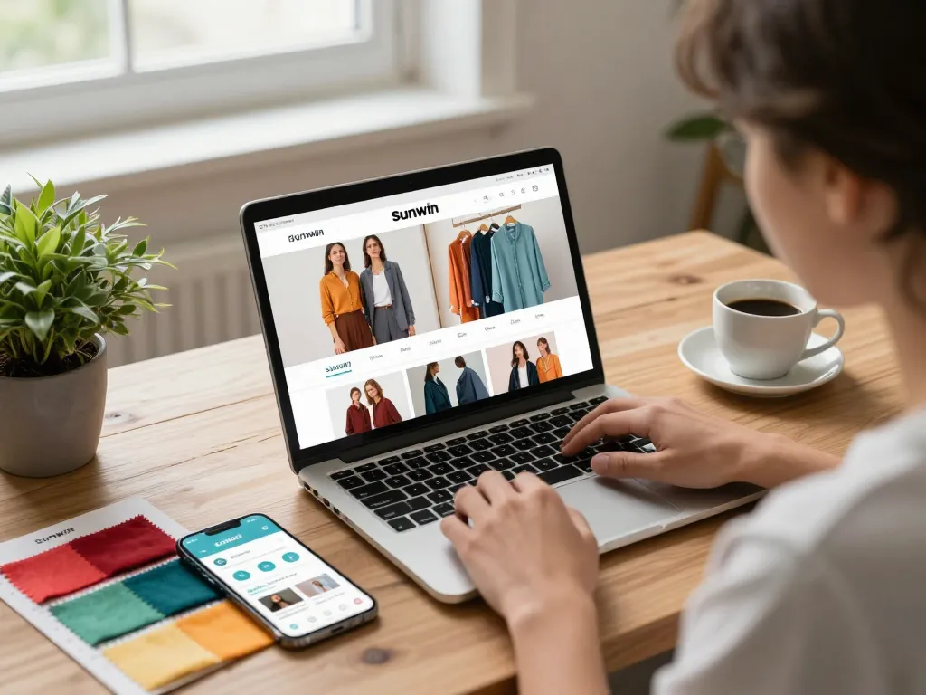 Engaging with the Sunwin e-commerce platform in a cozy workspace, showcasing stylish clothing and vibrant fabrics.