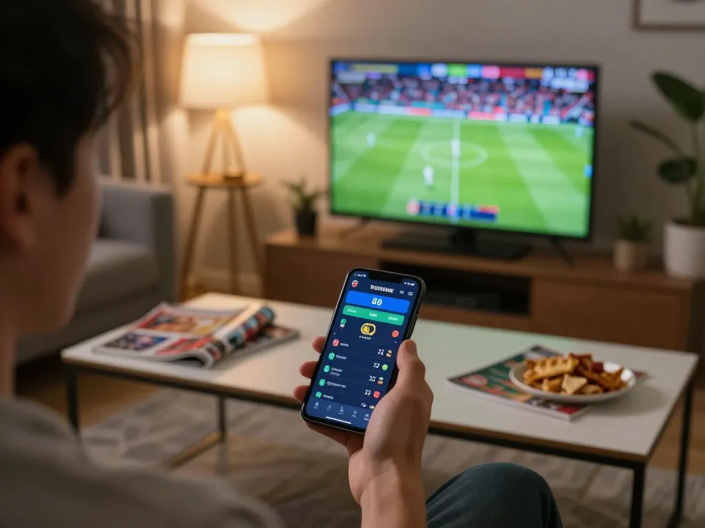 Placing bets using Winbd.io on a smartphone in a cozy home setting, showcasing modern environment.