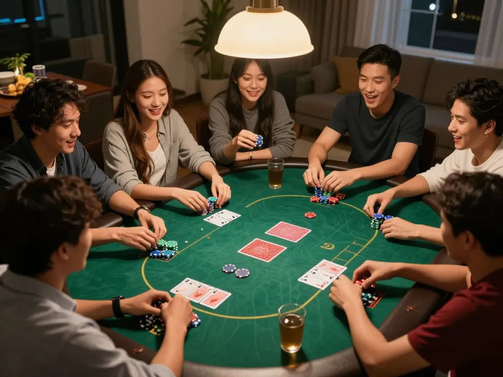 Friends enjoying an exciting poker night while using taixiuonline8 for online gaming, featuring chips and cards.