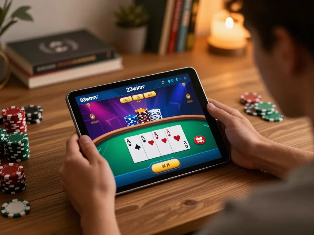 Player engaging with 23winn's online poker game on a tablet, showcasing strategic gameplay.
