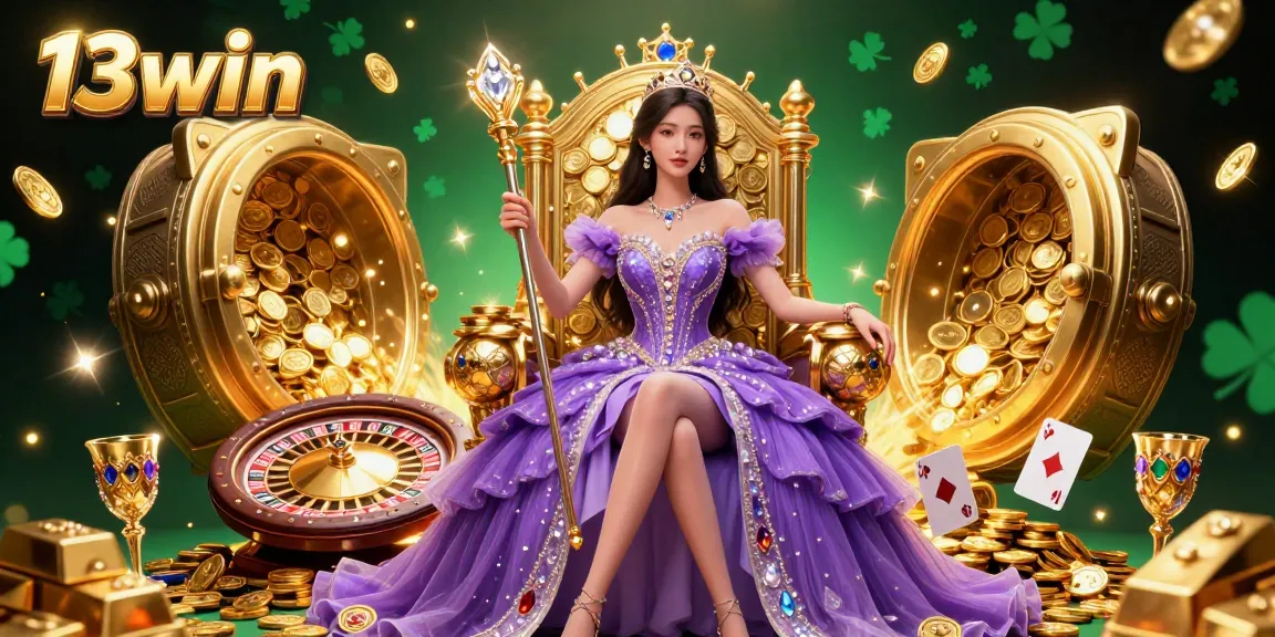 Engage with 13win's royal casino features featuring a stunning queen amidst treasures and luck.