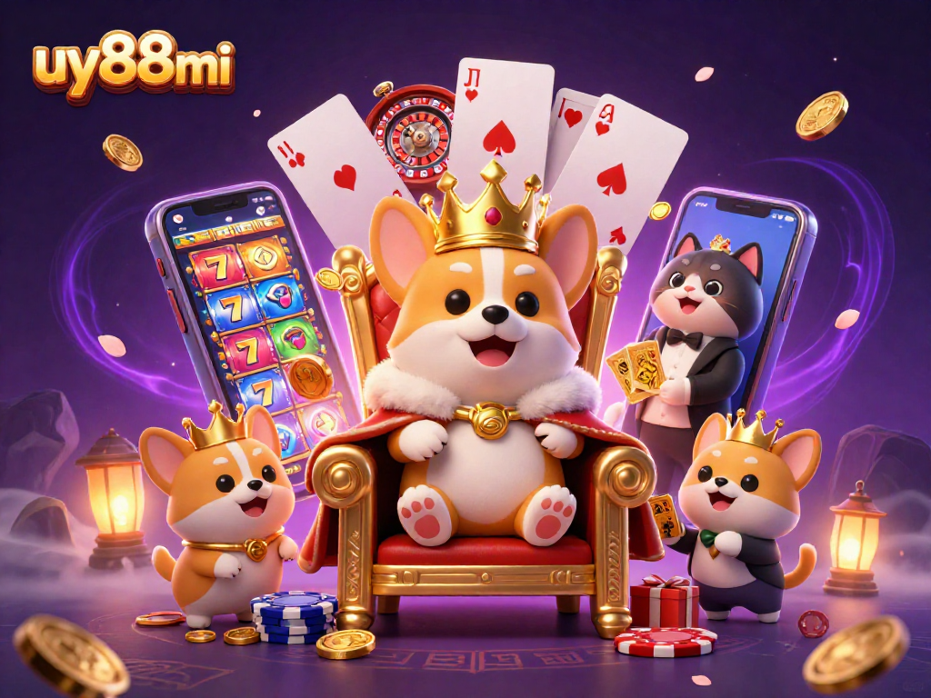 Engage in thrilling gameplay at uy88mi, featuring a royal corgi on a poker chip throne.