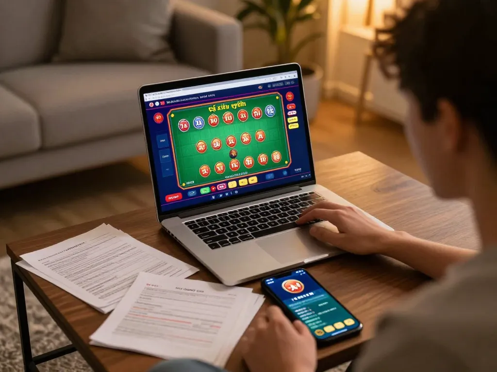 Engaged player analyzing game tài xỉu uy tín on their laptop in a cozy home setup.