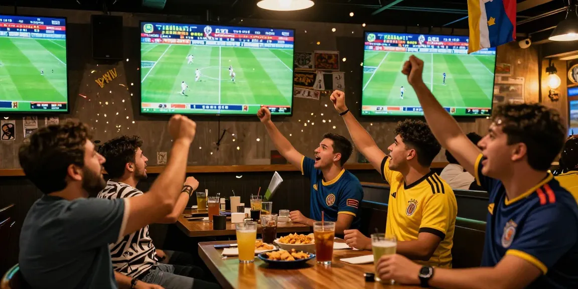 Bongdata updates live football betting odds in an energetic sports bar during the World Cup.