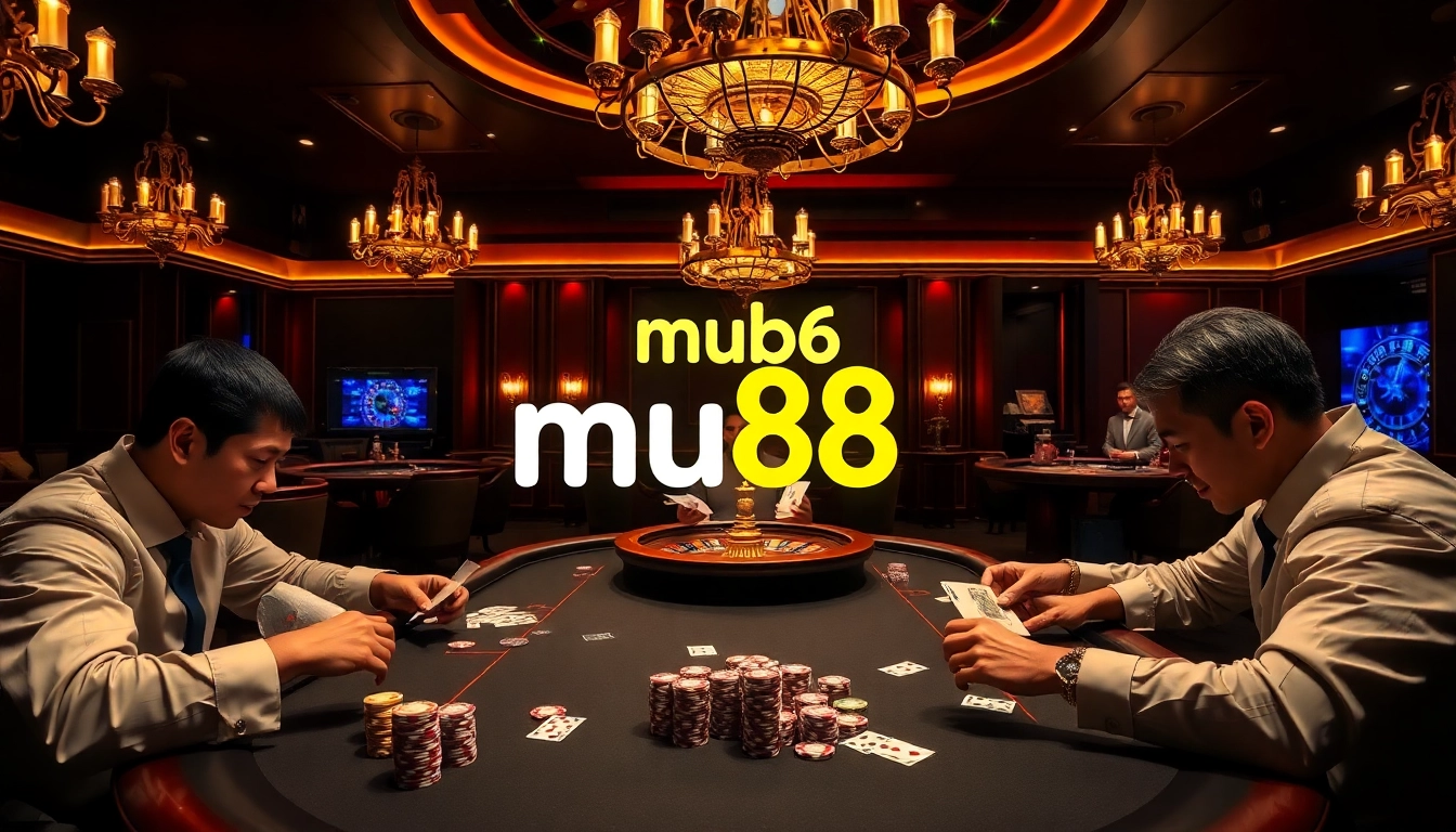 Players enjoying intense poker gameplay at mu88 Casino, showcasing excitement and high stakes.