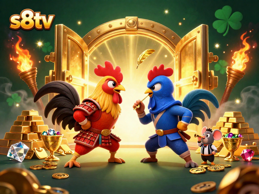 s8tv showcases a thrilling standoff between cartoon roosters in a dynamic casino-themed illustration.