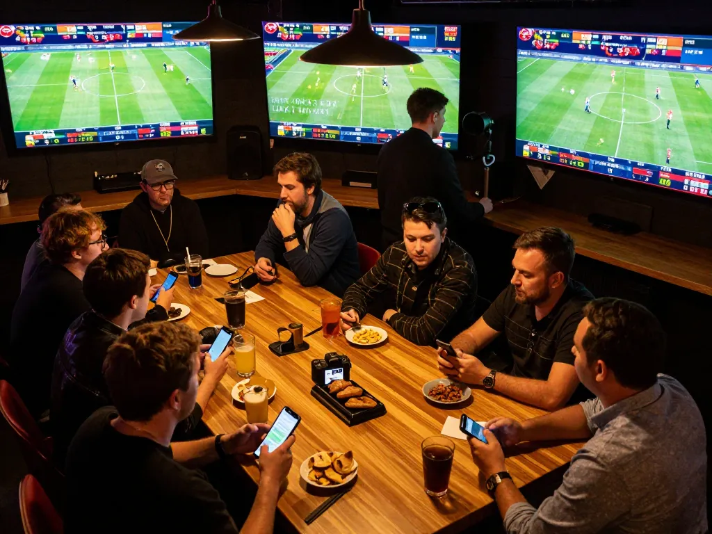 Bongdallu users actively placing bets during a major sporting event in a lively sports bar.
