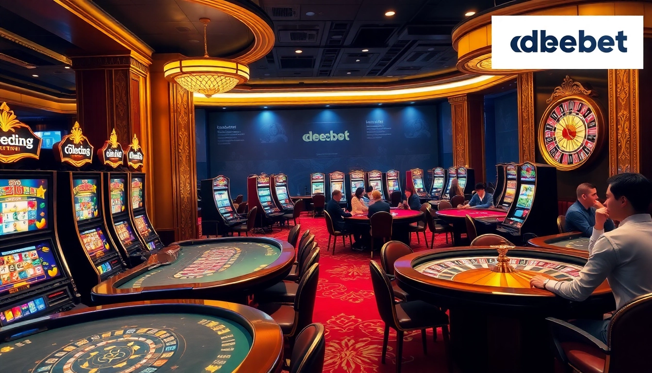 Engaged players enjoying an upscale casino experience at debet with vibrant slot machines and roulette tables.
