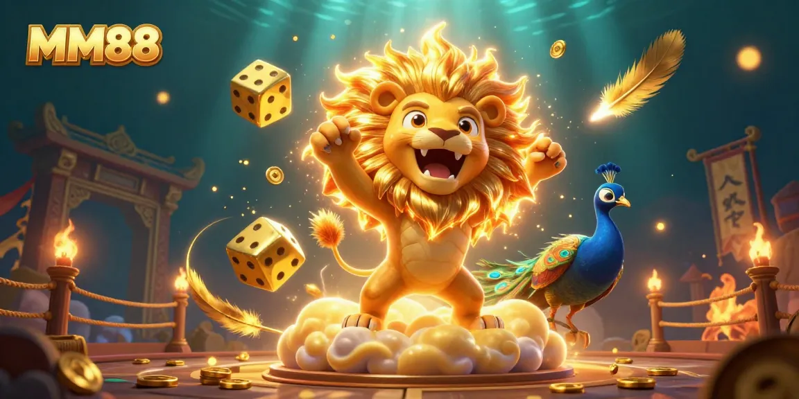 Experience winning strategies at MM88 with a vibrant illustration of a 3D cartoon sun lion and golden dice.