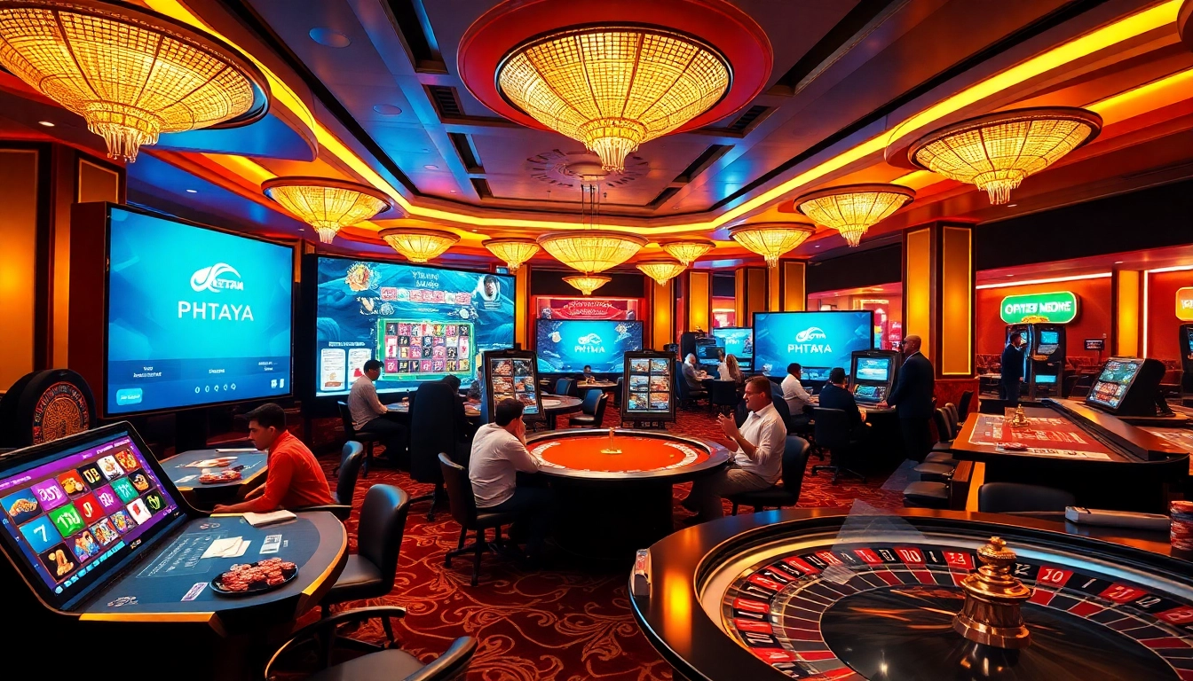 PHTAYA players engaging in a vibrant online casino atmosphere with various games and excitement.