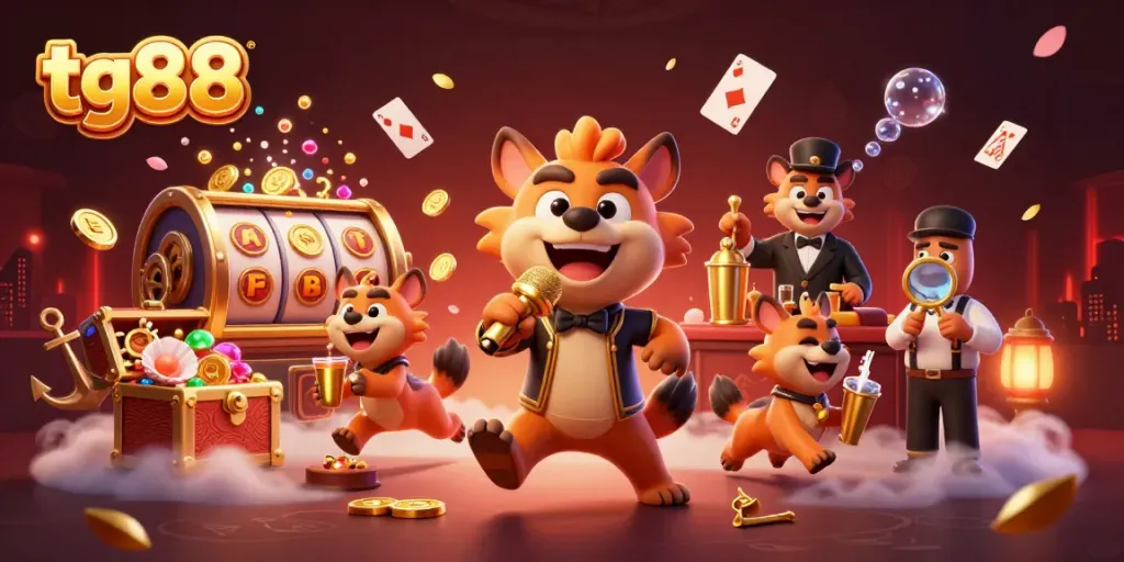 Hyenas entertain in a comedy casino as tg88 showcases vibrant games and drinks.