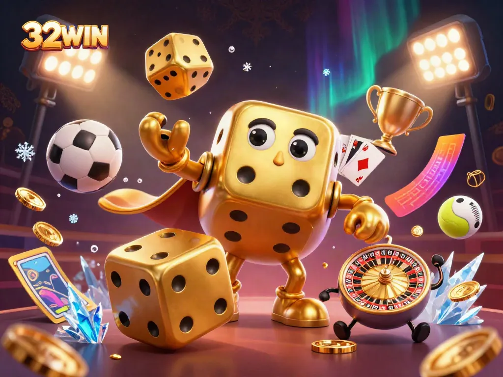 32WIN showcases a vibrant gaming scene with a golden dice golem and dynamic sports elements