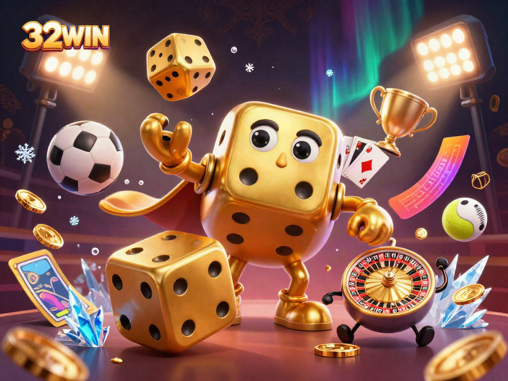 32WIN showcases a vibrant gaming scene with a golden dice golem and dynamic sports elements