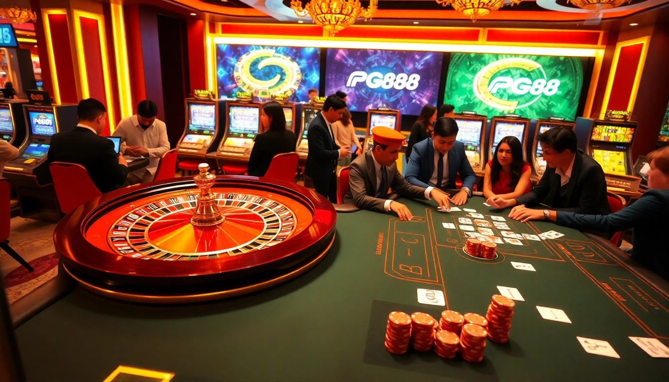 Experience the thrill of PG88 with players enjoying various casino games in a vibrant casino setting.