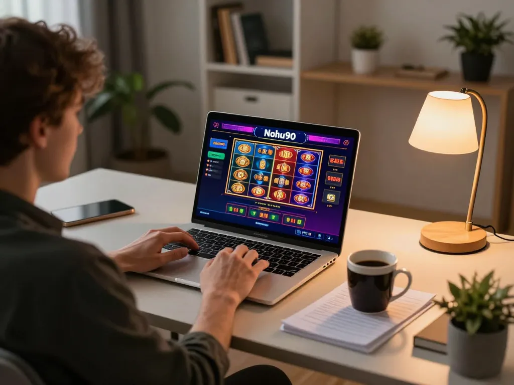 Nohu90 player engaging with online casino games on a laptop in cozy home setting.