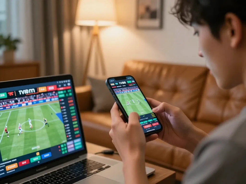 Engaging in live sports betting on TV88 app with real-time odds displayed in modern home setting.