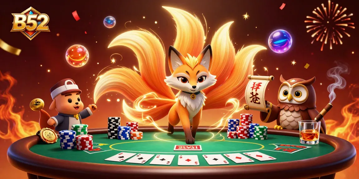 B52 spirit fox and wise owl at a vibrant casino table with poker elements.