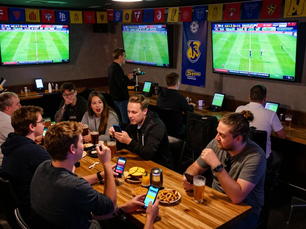 Socolive sports fans engaging in live betting at a vibrant sports bar during a football match.