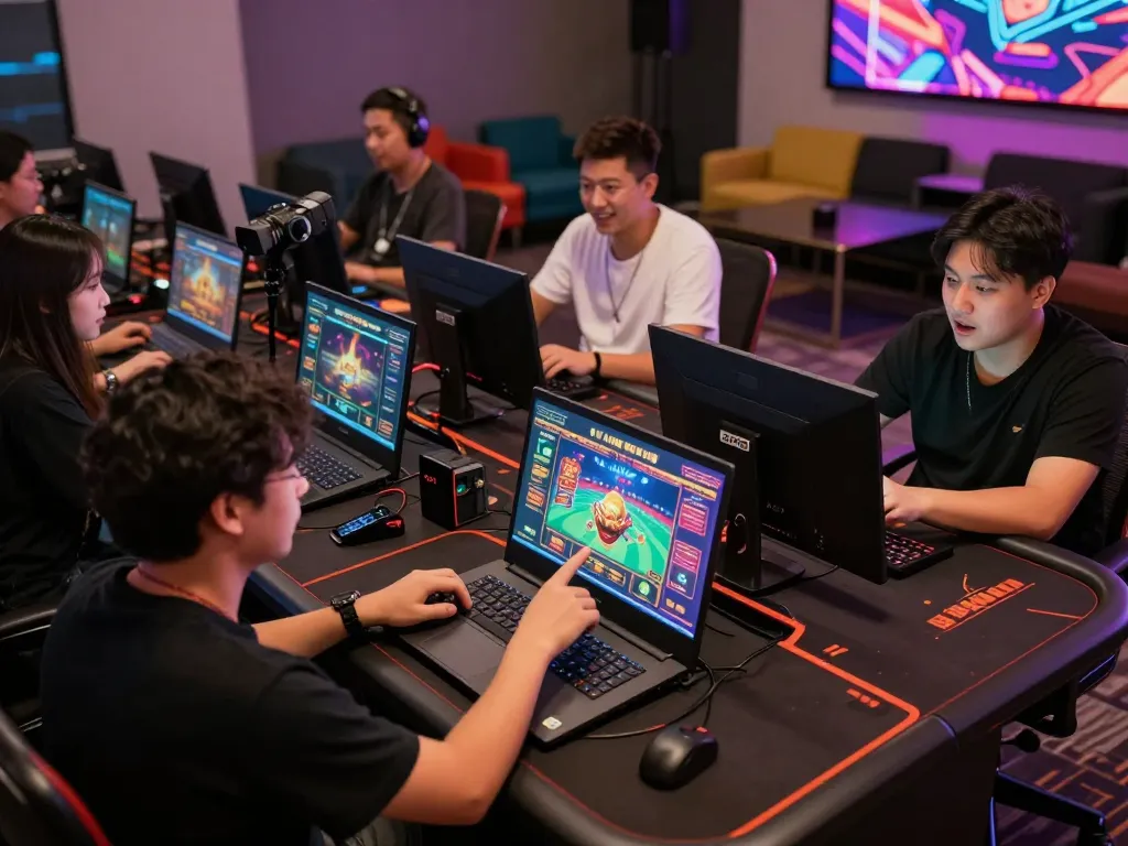 Players engaging with go 88 online casino platform, showcasing vibrant game interfaces in a dynamic gaming setup.