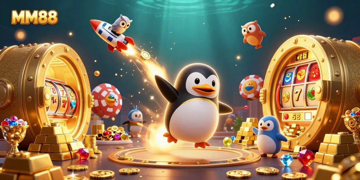 Engage in thrilling gameplay with MM88's casino adventures featuring a golden penguin and casino elements.