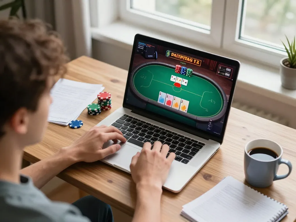 FLY88 player engaged in strategic poker gameplay on a laptop in a cozy home setting.